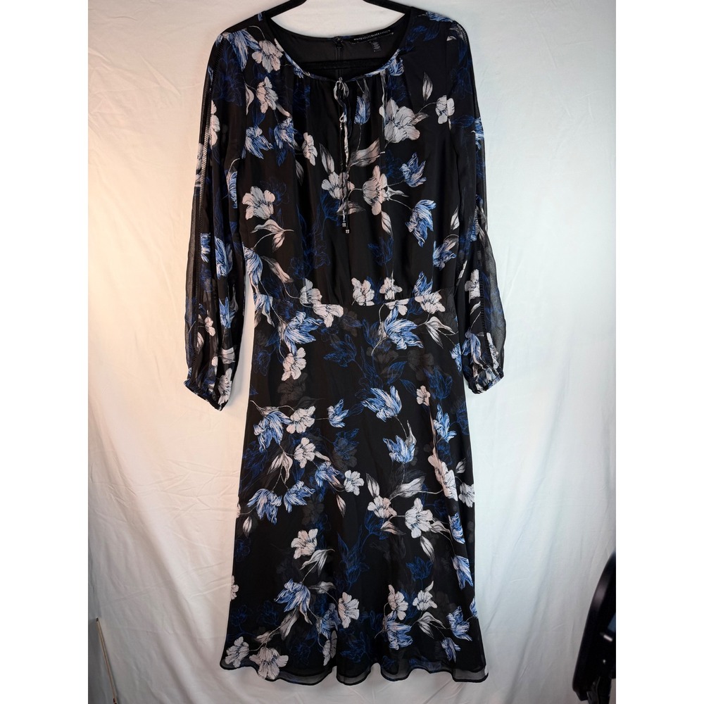 White House Black Market Black Blue Floral Chiffon Midi Dress Long Sleeve Sz 12